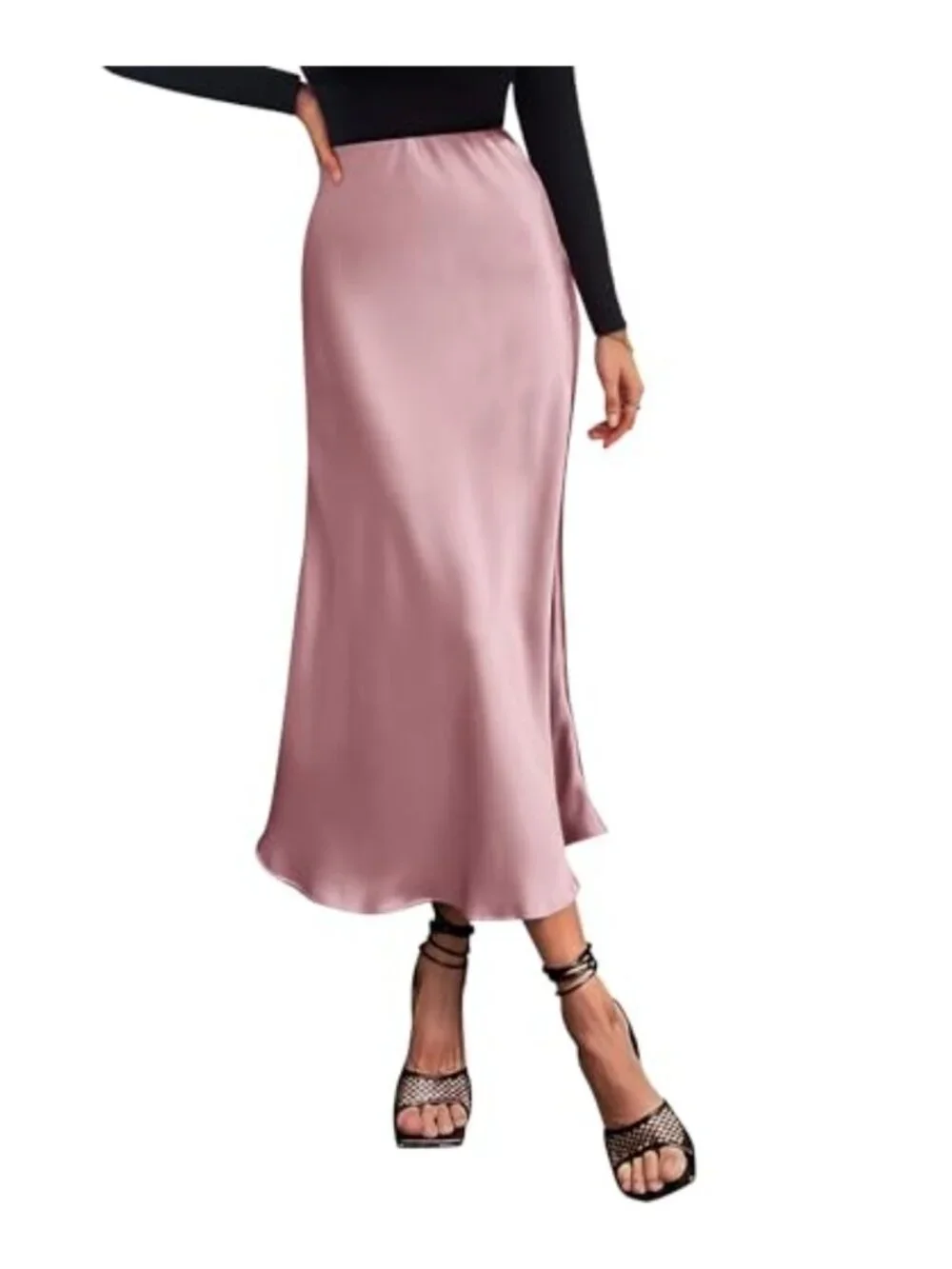 Flowy Satin Midi Skirt High Waist A-Line Women's Business Casual